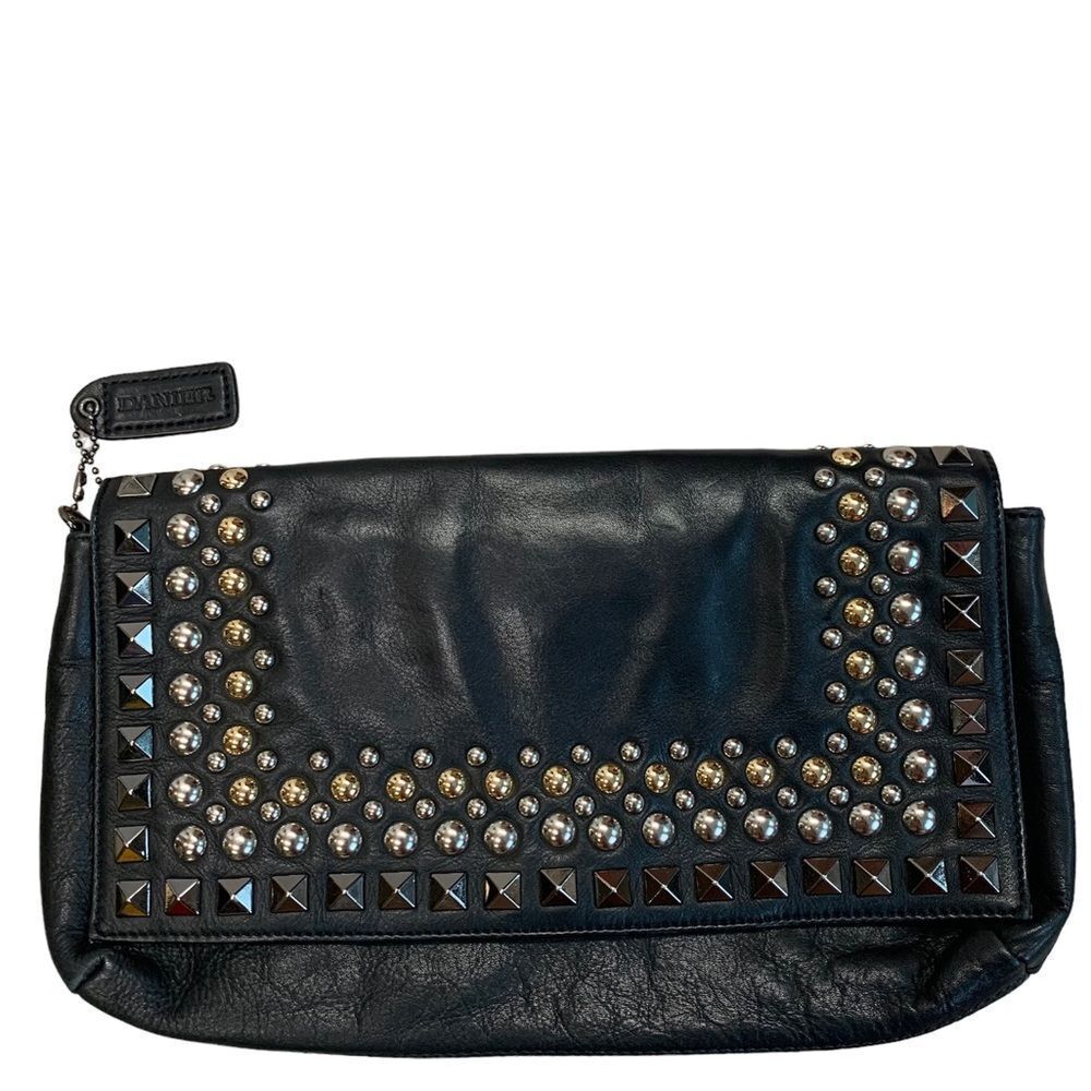 Danier Black leather silver gold tone studded embellished evening clutch purse